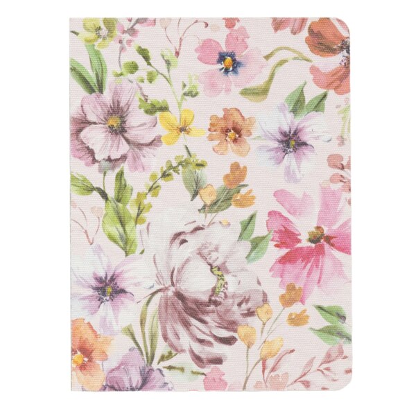 front of hardcover notebook with a slight texture, very light purple background with lots of flowers all over, almost a watercolor style